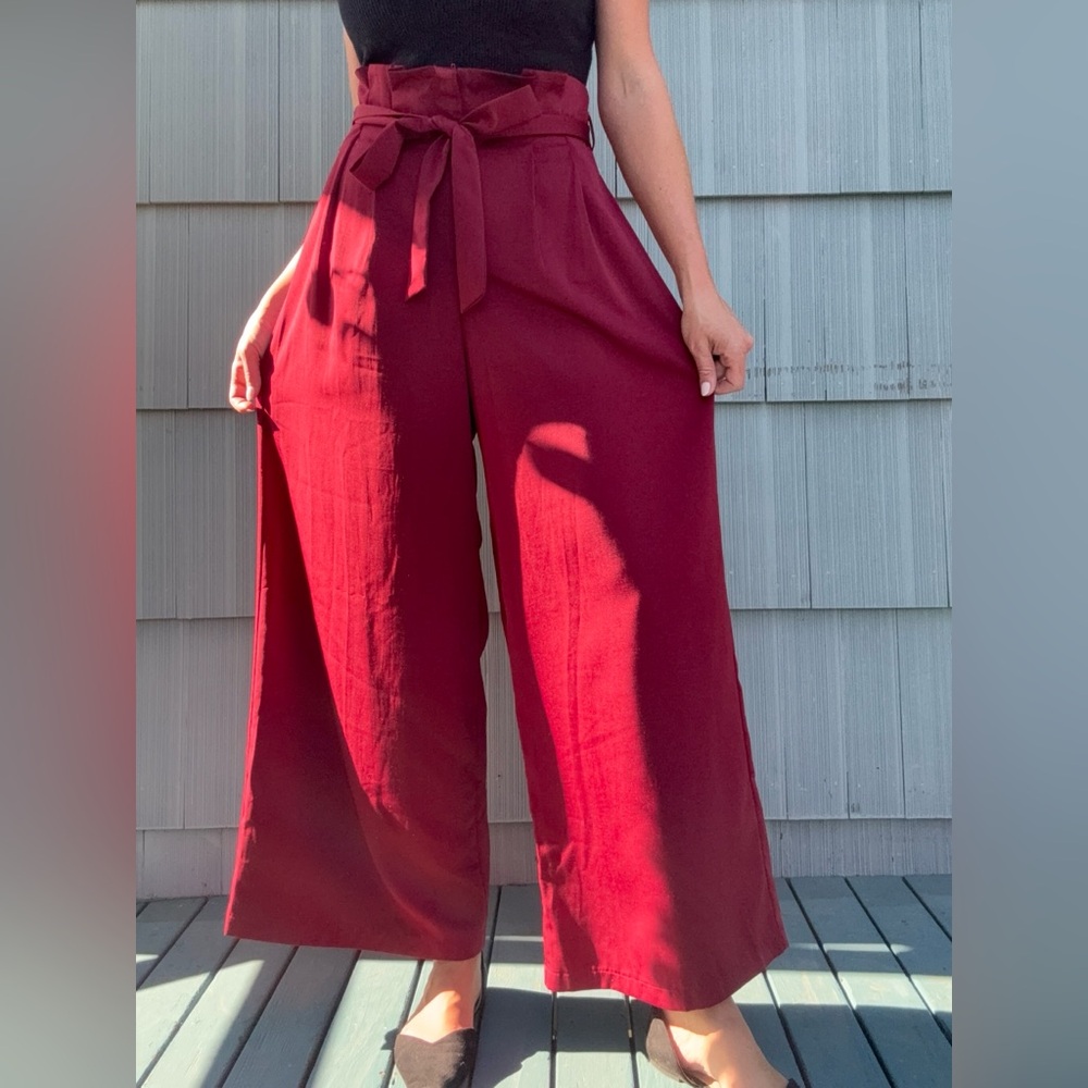 Dark Red High Rise‎ Paperbag Wide Leg Trousers, Forever 21 Size Large